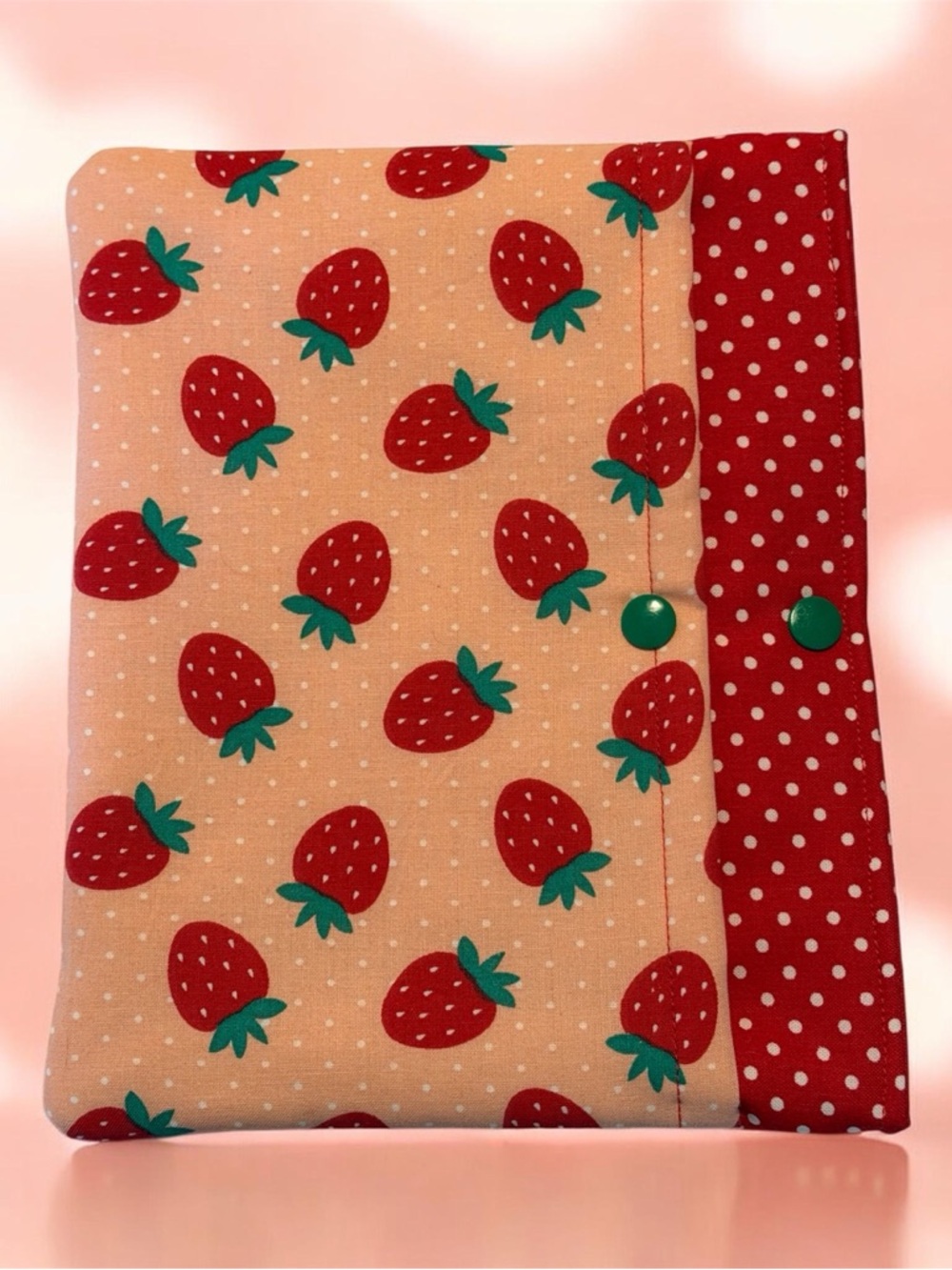 Strawberry Print Book Sleeve - Red & Pink 7x9” with snap pocket- Handmade